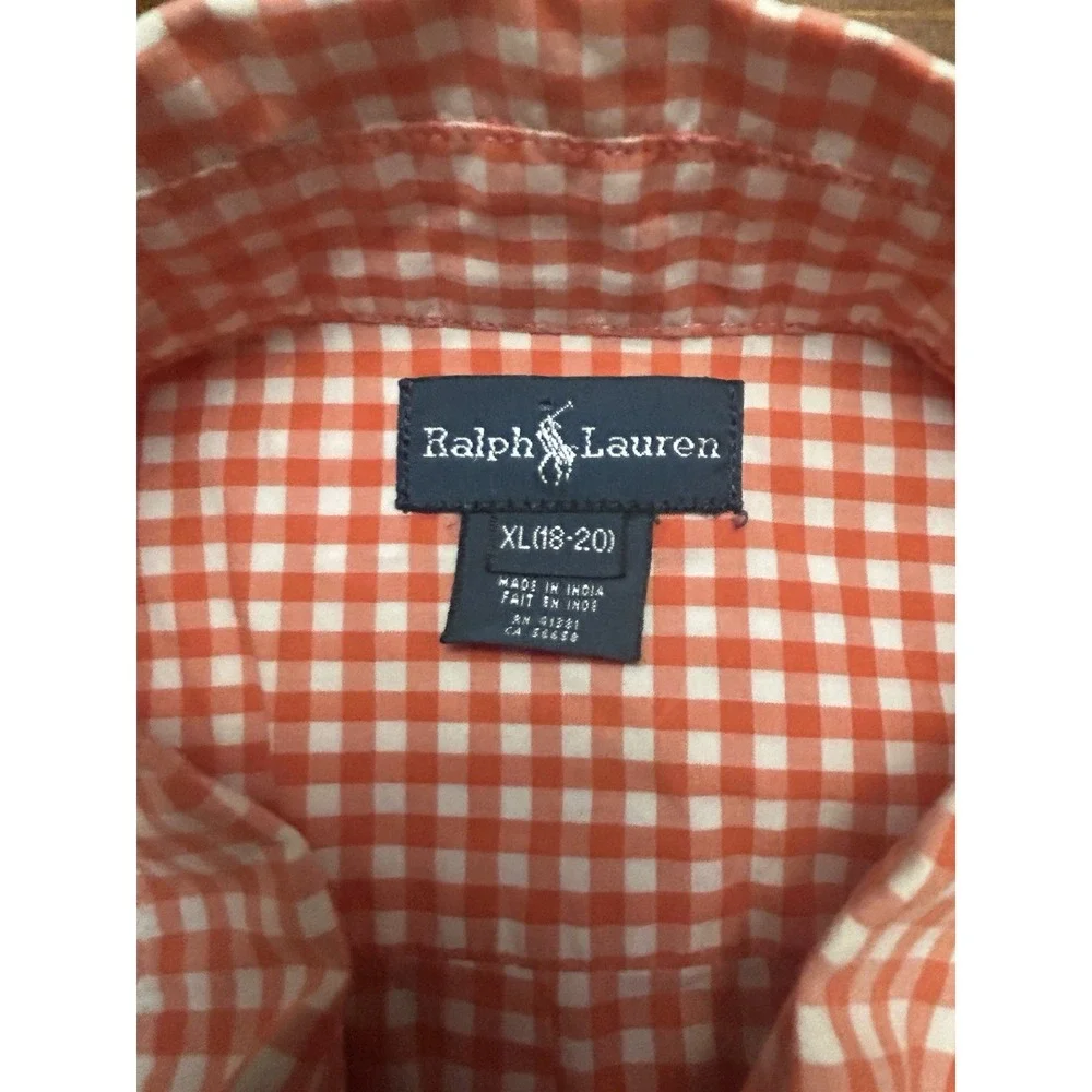 Ralph Lauren Black Label Orange White Check Long Sleeve Shirt Boys SZ 18-20 (XL)